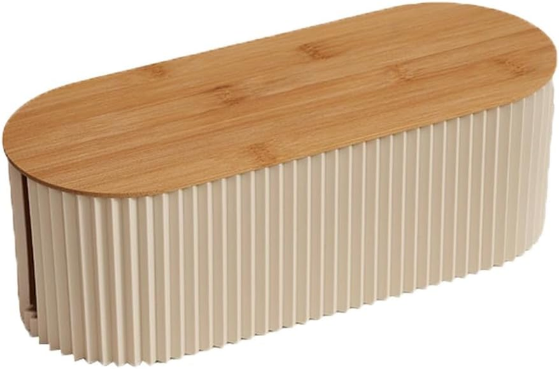 Bamboo Lid Cable Management Box, Beige Striped Power Strip Organizer, Large Cabl