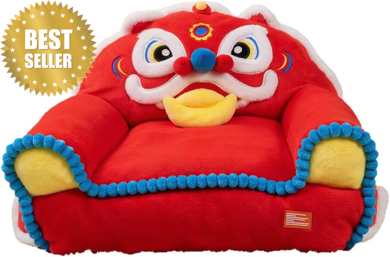Chinese Lion Dance Pet Bed – Plush Cave-Style Cat/Dog Bed with Lucky Charm (Red)