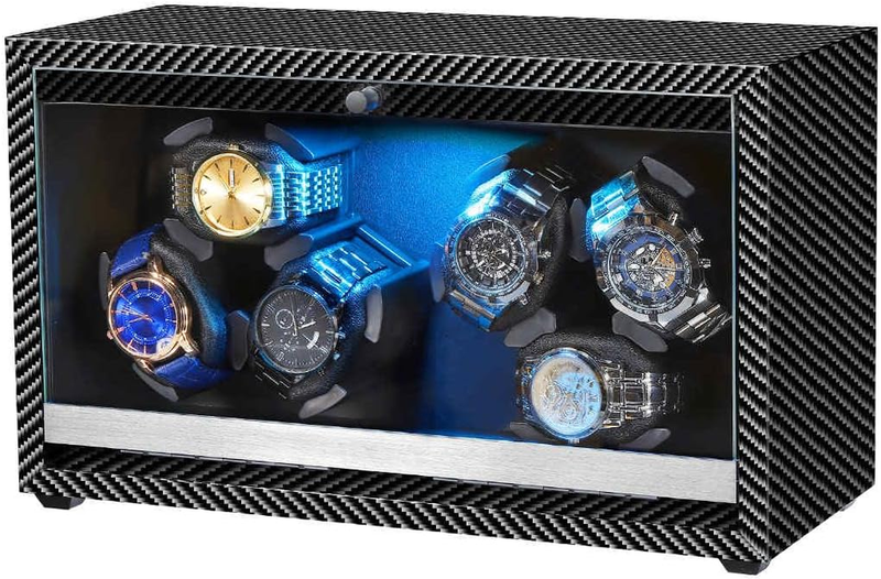 Watch Winder 6 Automatic Watches Dual Turntable LED Quiet Motor 4 Modes USB Box