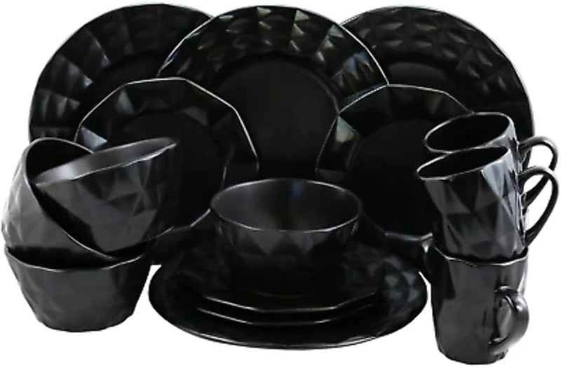 Geometric Glazed Stoneware Diamond Cut Style Dinnerware Dish Set, 16 Piece, Blac