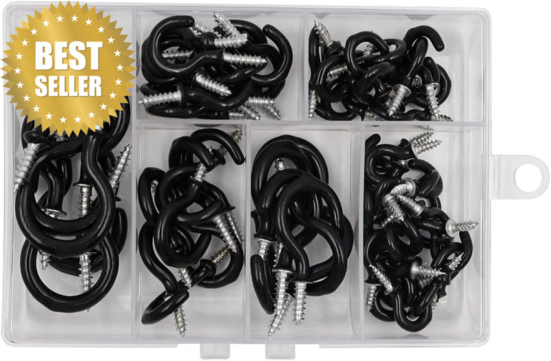 70PCS  Ceiling Hooks Vinyl Coated Screw-In Cup Hooks 6 Size Black Cup Hooks for