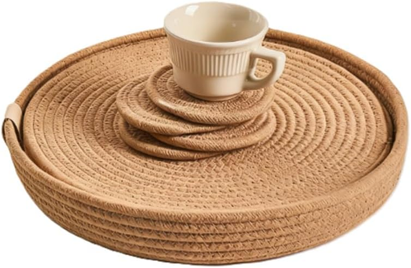 Cotton Rope Woven Placemat, Coaster, and Storage Basket Set; Includes Heat-Insul