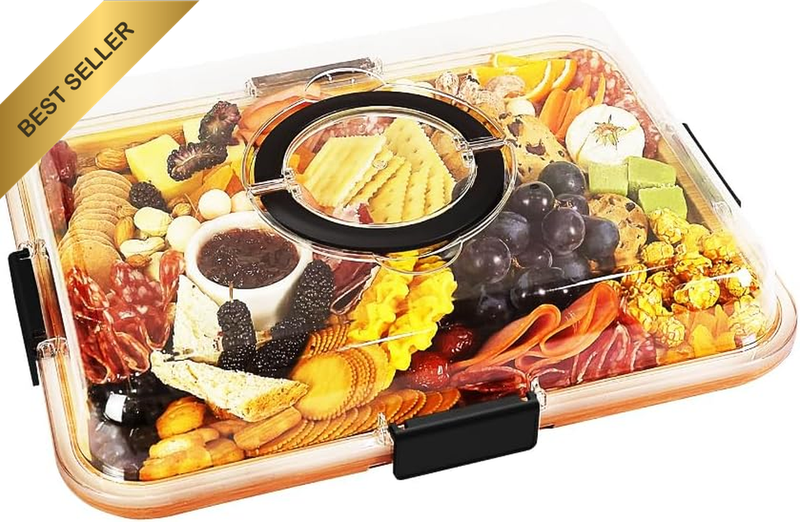Charcuterie Board with Clear Lid, Bamboo, 6 Compartments, Rectangular, Portable,