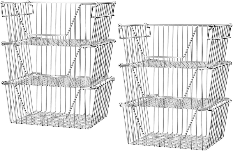 Stackable Storage Baskets Stainless Steel Cabinet Organizer Sturdy Metal Wire Pantry Freezer Bin for Pantry Home Bathroom Kitchen Organization 6 Packs