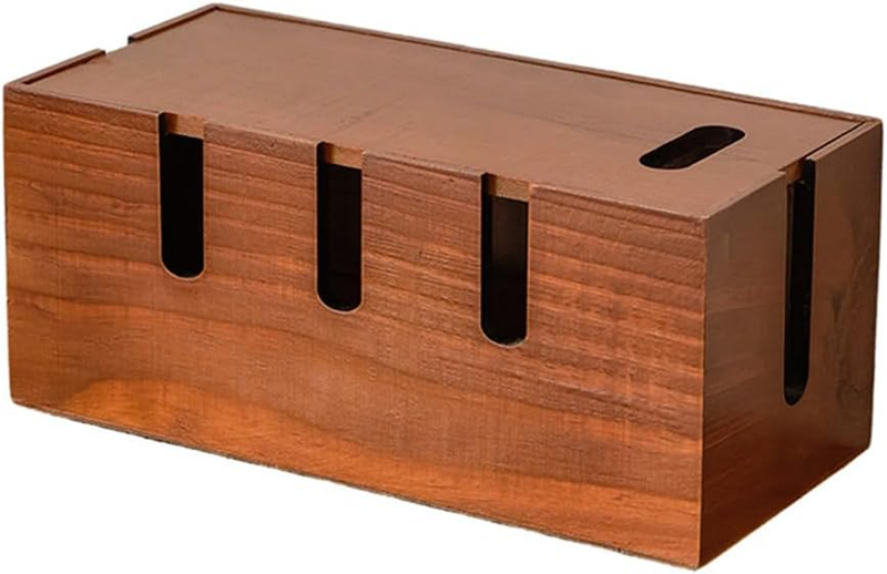 Wooden Porous Power Cord Storage Box with Lid, Desktop Cable Management Box, Han