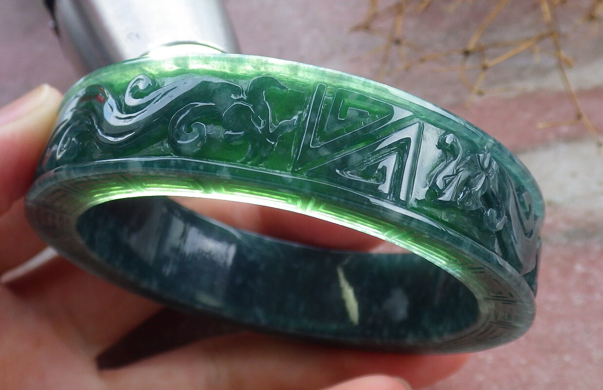 Certified Green Burma A JADE Jadeite Dragon Phoenix Bangle Certified Green Burma A JADE Jadeite Dragon Phoenix Bangle
