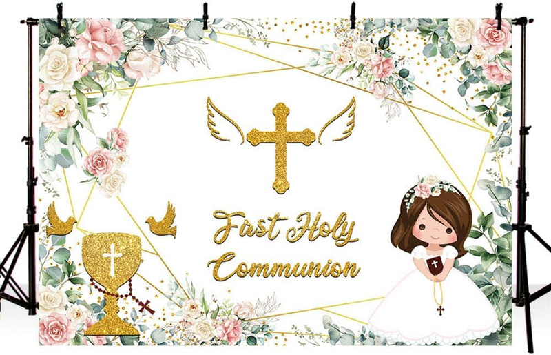 First Holy Communion Backdrop Floral Girls Baptism Party Photo Prop 7X5Ft