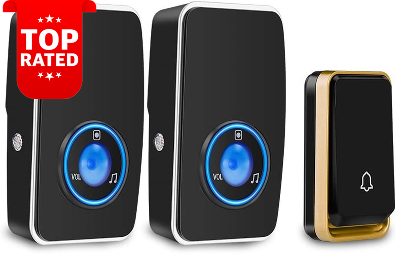 Wireless Waterproof Doorbell Kit 2 Plug-In LED Receivers 51 Chimes Black