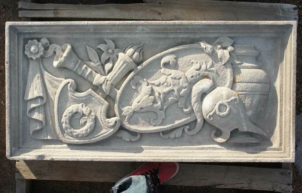 Antique American Limestone Theater Masks Architectural Lintel Panel c. 1920