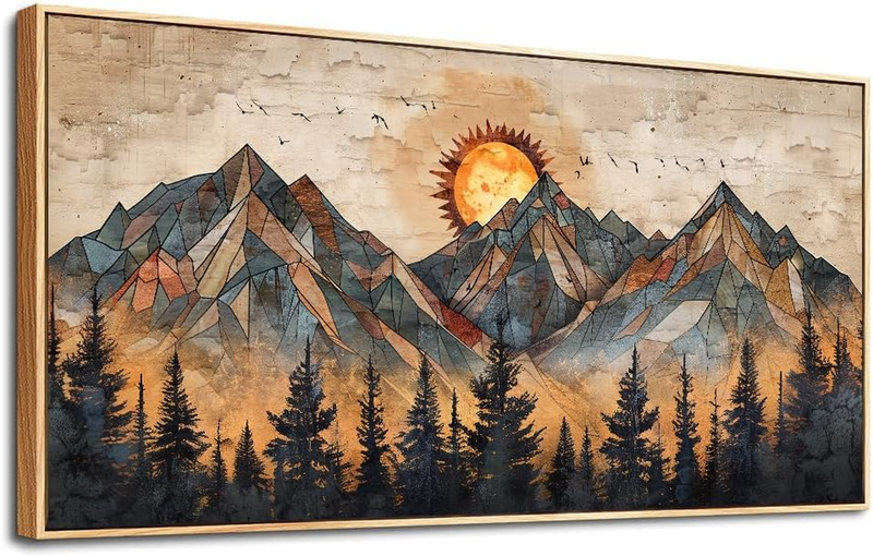 Wood Framed Wall Art for Living Room Canvas Wall Decor for Bedroom Office Decorations Abstract Boho Wall Paintings Mountain Landscape Wall Pictures Modern Home Decor Artwork 20X40 In