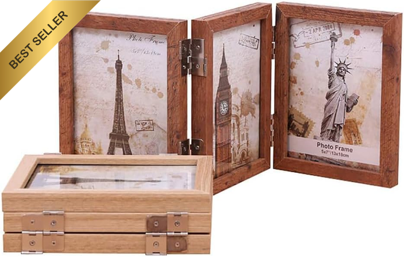 Folding Triple Picture Frames Collage, Decorative Hinged Table Desk Top Photo Fr
