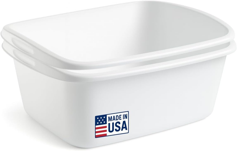 2-Pack Dish Pans for Kitchen Sink, Plastic Tub Dishpan Wash Basin and Foot Bath for Soaking Feet, Wash Bucket for Washing and Storage Cleaning Supplies - 12 Quarts - Heavy Duty - (White)