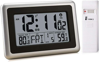 Atomic Digital Clock with Indoor Outdoor Temperature, 9 Inch Wall & Desk Alarm C