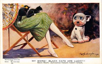 CPA AK Studdy BONZO dog No. 1052 My Word! Black cats are lucky!! (305640)