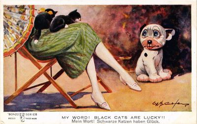 CPA AK Studdy BONZO dog No. 1052 My Word! Black cats are lucky!! (305644)