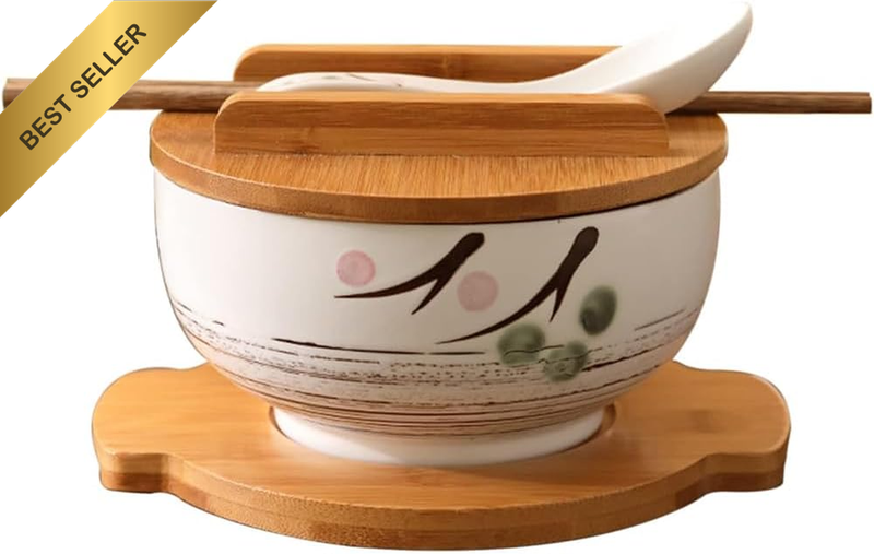 Ceramic Ramen Bowl, Japanese Cuisine Tableware Set, Hand-Painted Ceramic Floral