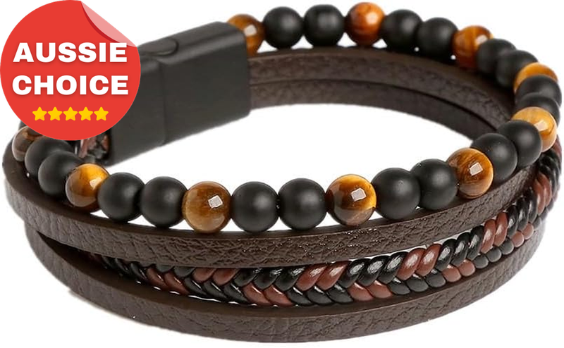 Men's Tiger Eye Black Obsidian Lava Rock Beaded Bracelet Cuff Bangle