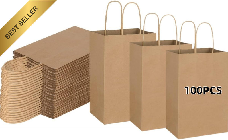 100 Small-Sized Pure Brown Kraft Paper Bags, 5.91X3.15X8.27 Inches with Handles,