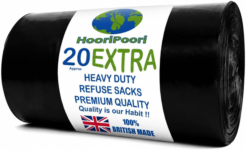 Hooripoori 100L 20 Xl Black Heavy Duty Bin Bags, 50 Μm Strong Leak & Tear Resist