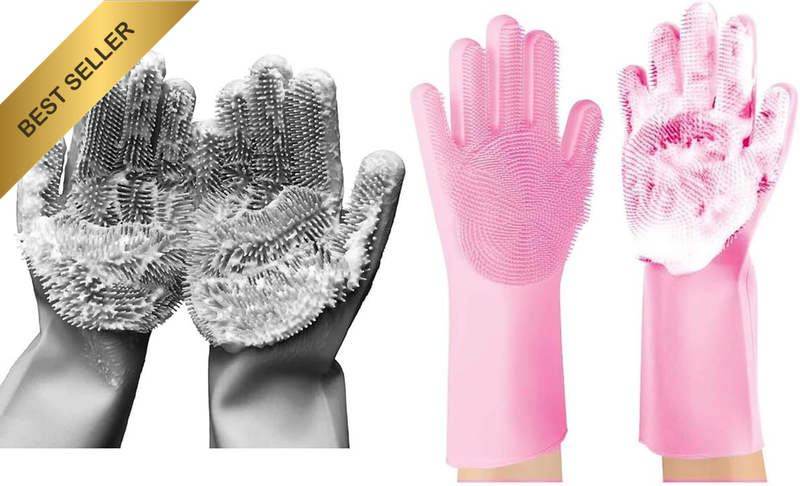 Set of 2 Pairs 100% Silicone Gloves with Wash Scrubber, Reusable Brush Heat Resi