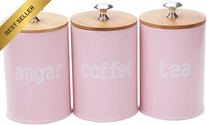 3 Pack Pink Zinc Alloy Food Storage Canisters with Airtight Bamboo Lids