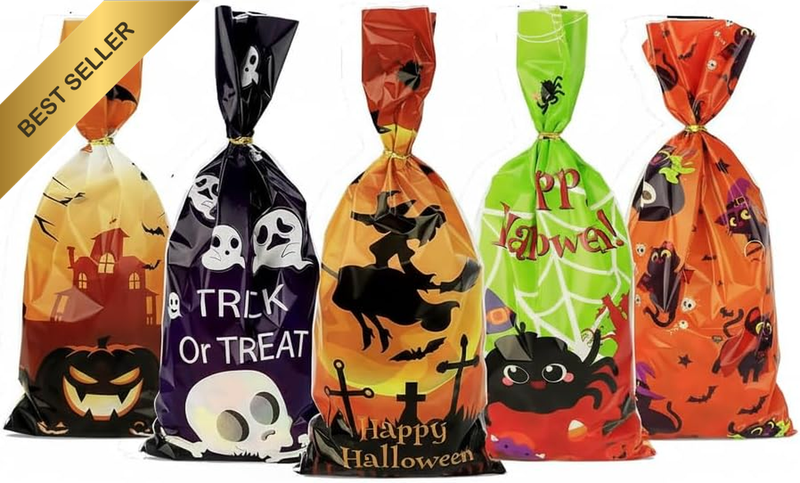 Halloween Treat Bags, 50-Count Halloween Cellophane Treat Bags with Ties, 4 Asso