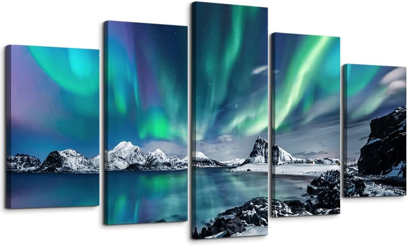 Large Wall Decor for Living Room Canvas Wall Art for Bedroom Blue Aurora Scenery Paintings Modern Canvas Art Prints Ready to Hang Office Wall Pictures for Home Wall Decorations Artwork 5 Piece Set