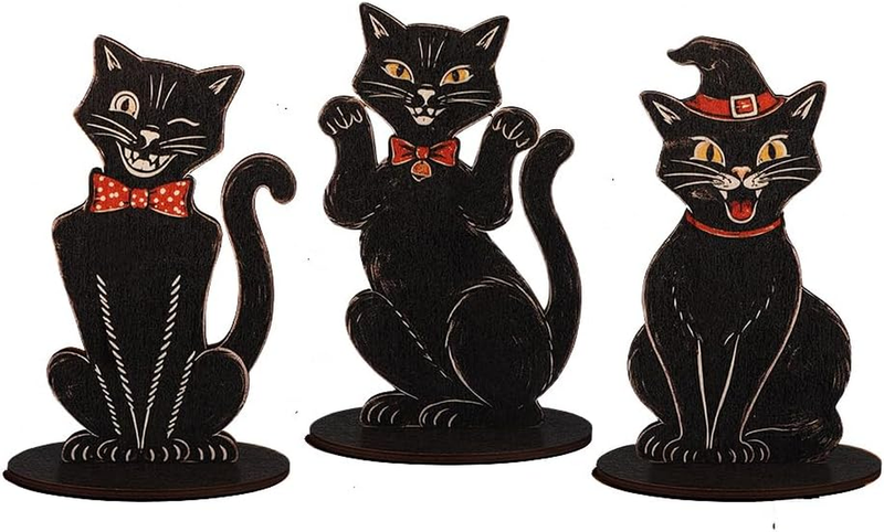 Set of 3 Halloween Wooden Black Cat Tabletop Decor, Vintage Retro Black Cat Figu