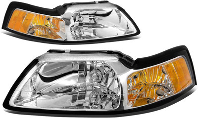 HL-OH-FM99-CH-AM Chrome Amber Headlights Replacement for 99-04 Mustang