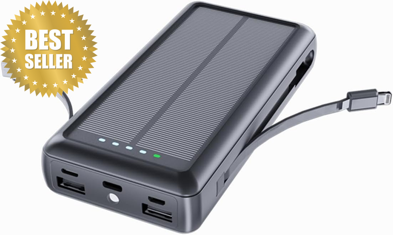 Solar Charger Power Bank, 20000Mah Portable Phone Charger Built-In 2 Output Cabl