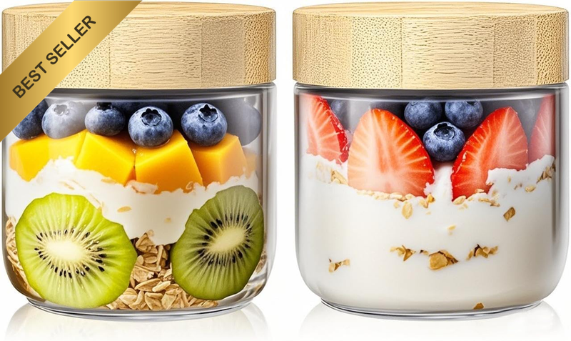 10Oz Overnight Oats Containers with Lids, Glass Jars with Bamboo Lids, Glass Mea