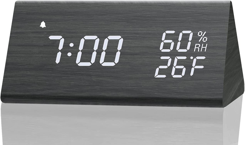 Digital Alarm Clock, with Wooden Electronic LED Time Display, 3 Alarm Settings,