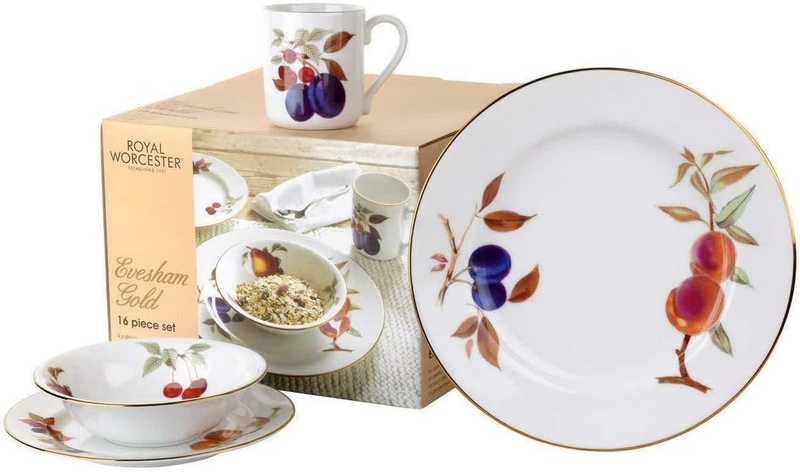 Evesham Gold Dinnerware Set | 16 Piece Dish Set with Vibrant Fruit Motifs | Serv