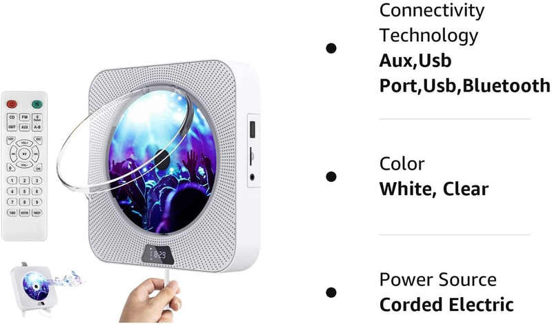 Portable CD Player with Bluetooth, Wall Mountable CD Player with Dust Cover