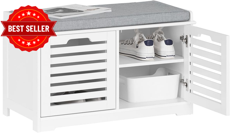 White Storage Bench with 2 Doors & Removable Seat Cushion Shoe Storage Cabinet S