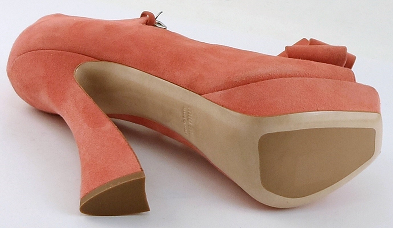 Pre-owned Miu Miu $750  5kp222 Camelia Coral Suede Designer T-strap Platform Pumps 7 Eur 37 In Pink