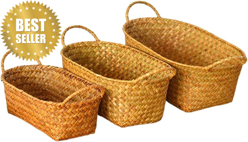 3-Piece Storage Basket Set, Woven Wicker Bread Basket, Double-Handled Rattan Bas