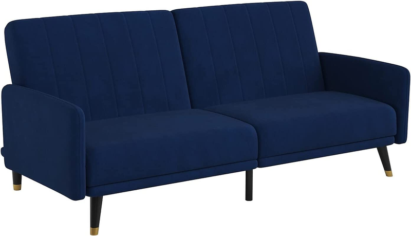 Sophia Premium Split Back Sofa Futon - Navy Velvet Upholstery - Solid Wood Legs