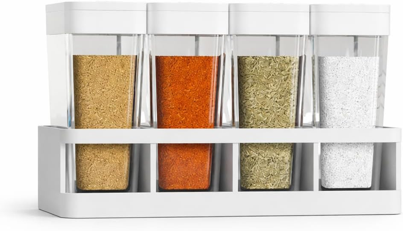 Spice Jar Organiser Set with Storage Base, 4 Spice Jars, Sliding Lid Dual Dispen
