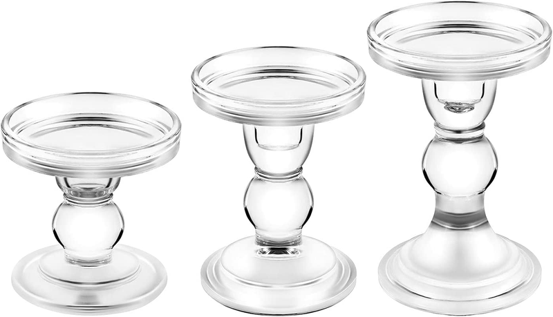 Glass Candle Holder Set of 3, Clear Crystal Candlestick Holders for Pillar Taper