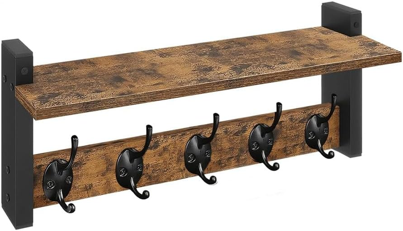 Coat Hooks Wall Mounted Rack with Shelf, 42.5 CM Wall Shelf with Hook, Wood Coat