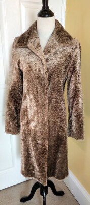 Vintage SISLEY Taupe Brown Faux Fur Shearling Long Lined Jacket Coat (38) Italy