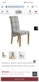 2x Oak Furnitureland SCROLL BACK Checked Granite Fabric Dining Chair