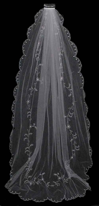 White Scalloped Edge Embroidered Chapel Length Veil with Swarovski Accents