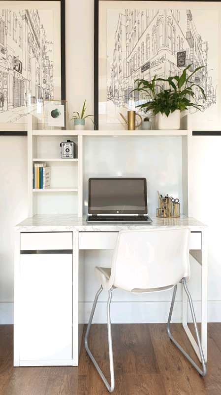 White Micke IKEA desk, marble vinyl top, storage ...