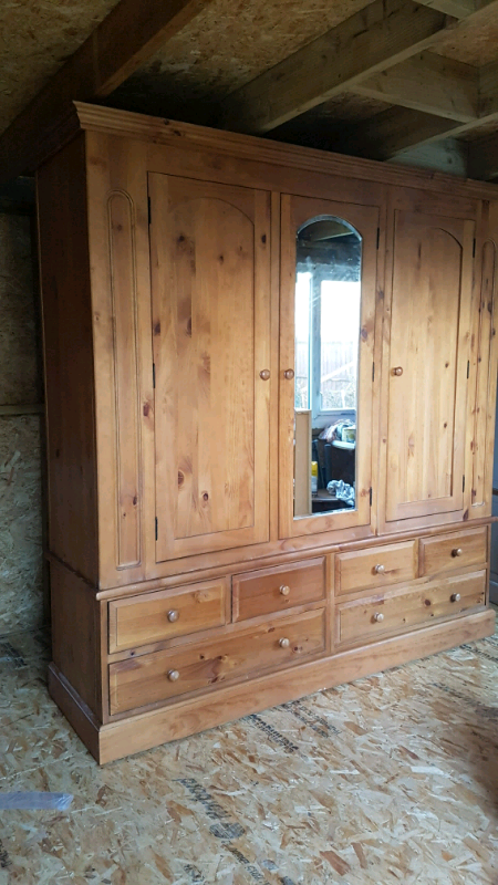 Solid Pine 3 Door 6 Drawer Wardrobe In Bournemouth Dorset