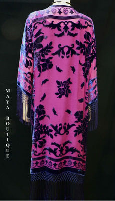 Pre-owned Maya Matazaro Fringe Jacket Kimono Burnout Velvet Silk Magenta & Purple