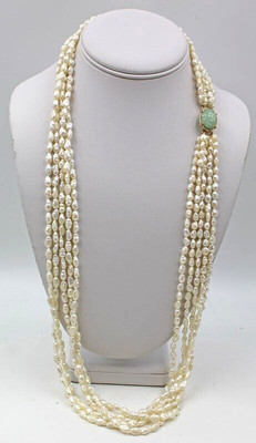 Ming's Hong Kong 5 Strand Pearl 14K Gold 31'' Necklace Carved Jade Clasp & Box