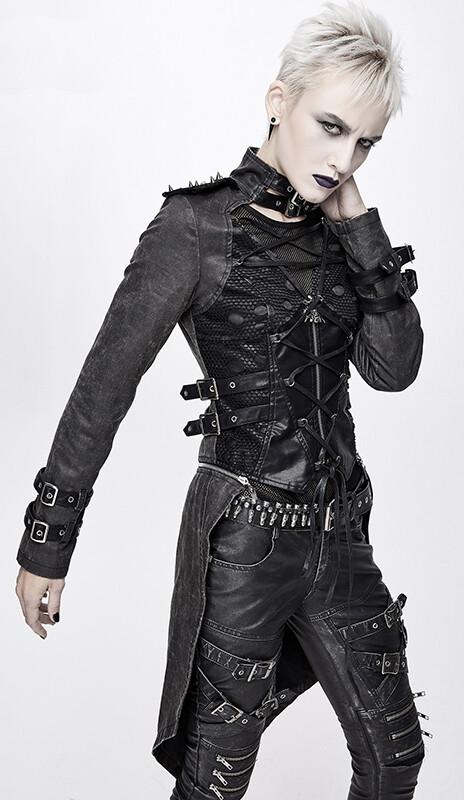 DEVIL FASHION ÜBERTRAGBAR MANTEL JACKE GOTHIC STEAMPUNK MILITÄR SPITZNIETEN NETZ DEVIL FASHION