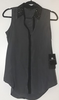 NWT ROCK & REPUBLIC Gray/Black Studded Collar Button Down Sleeveless Blouse S